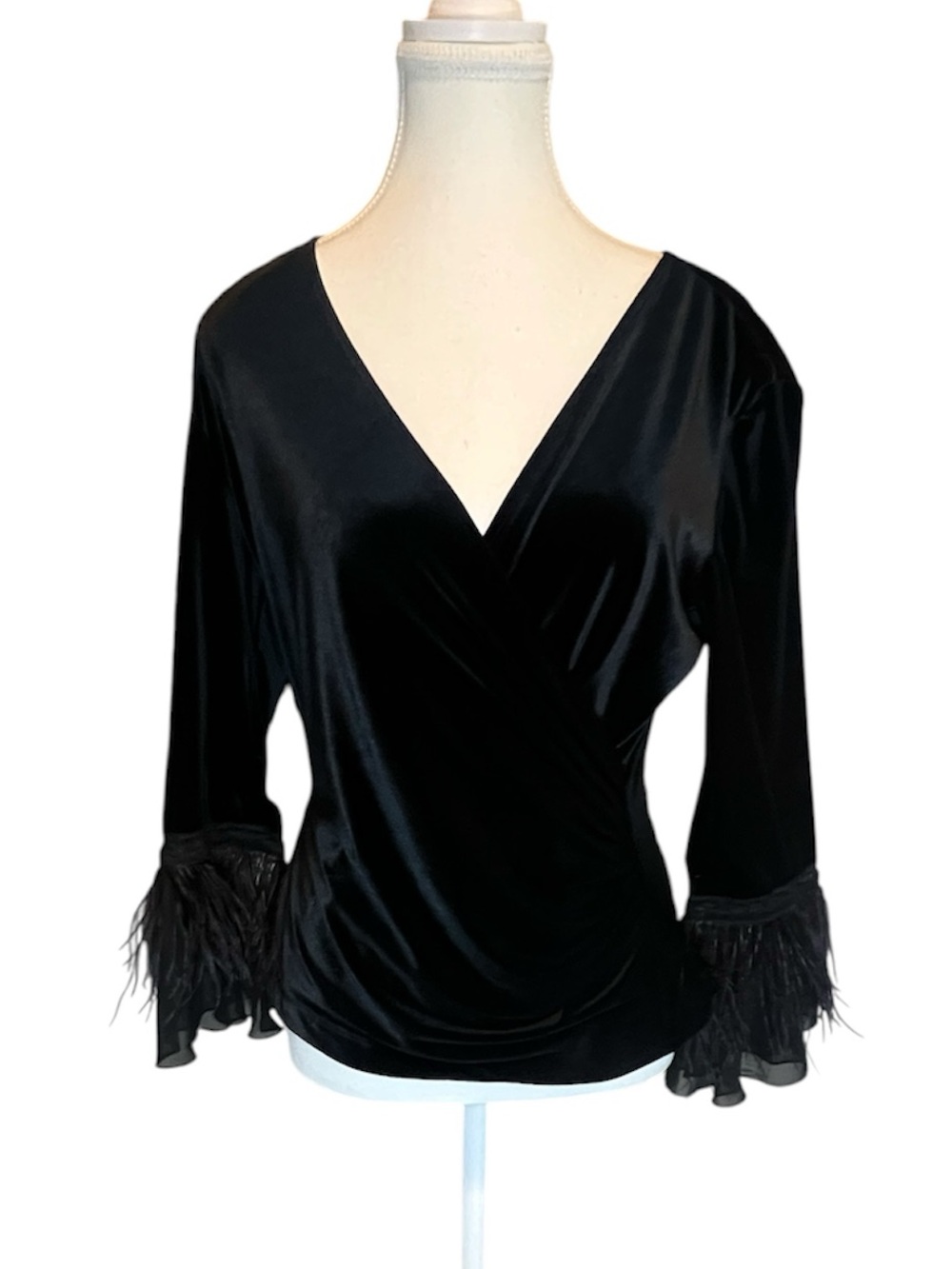 Cachet Black Velvet Wrap Top with Feather Cuffs size M. Great condition.